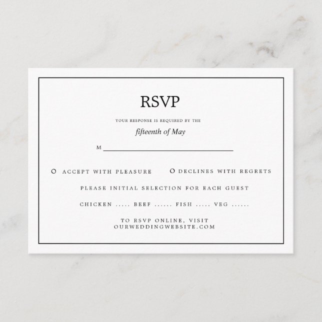 Tarjeta De Recepción Elegante borde negro y matrimonio blanco RSVP (Anverso)