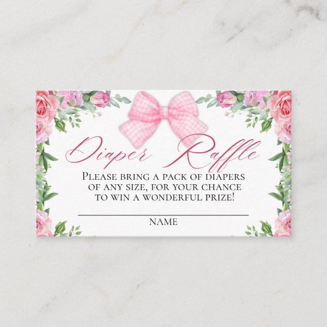 Tarjeta De Recepción Elegante Bow Rosa y Rosas Coquette Diaper Raffle (Anverso)