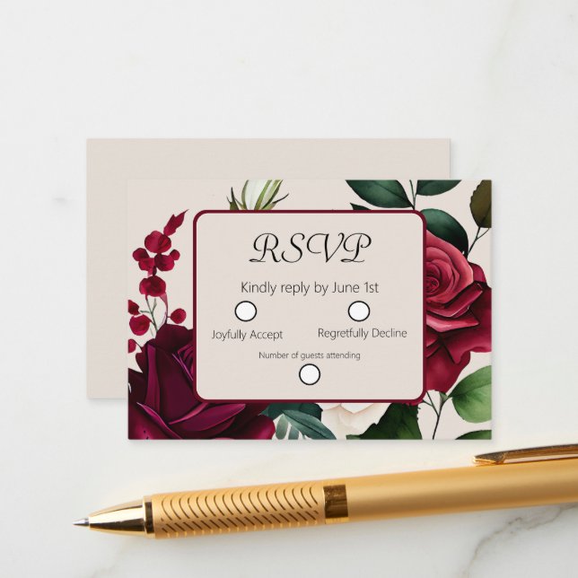 Tarjeta De Recepción Elegante Burgandy Green Cream Floral RSVP (Anverso/Reverso In Situ)