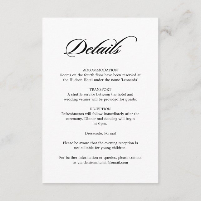 Tarjeta De Recepción Elegante caligrafía Boda blanco detalles (Anverso)