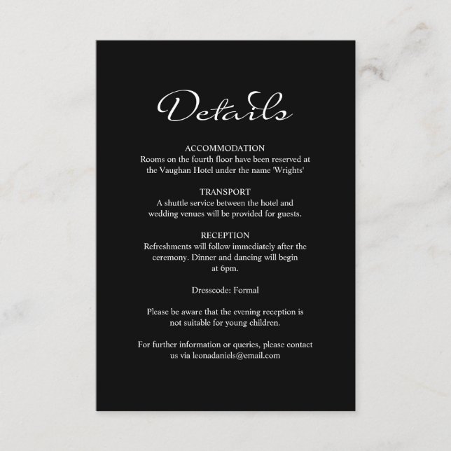 Tarjeta De Recepción Elegante caligrafía Boda negro detalles (Anverso)