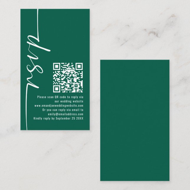 Tarjeta De Recepción Elegante caligrafía Código QR Boda Esmeralda RSVP (Anverso / Reverso)