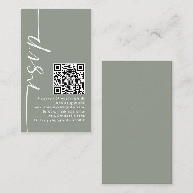Tarjeta De Recepción Elegante caligrafía Código QR Boda sabia RSVP (Anverso / Reverso)