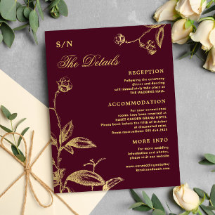Tarjeta De Recepción Elegante caligrafía dorada detalles burdeos bodas