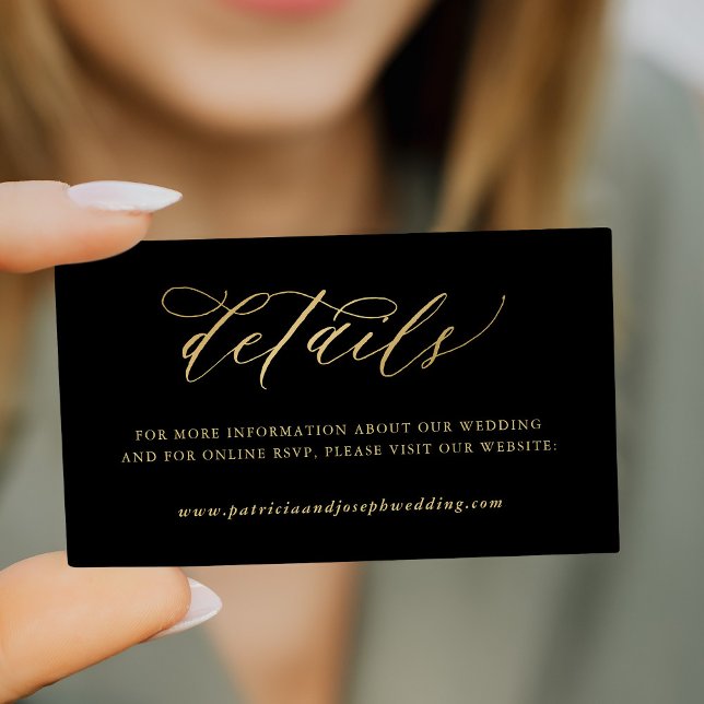 Tarjeta De Recepción Elegante caligrafía dorada detalles de boda negro (Subido por el creador)