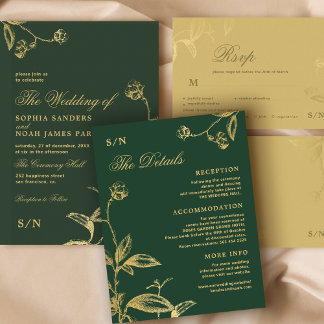 Tarjeta De Recepción Elegante caligrafía dorada detalles de boda verde