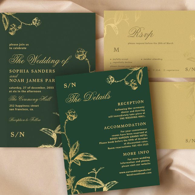 Tarjeta De Recepción Elegante caligrafía dorada detalles de boda verde (Subido por el creador)