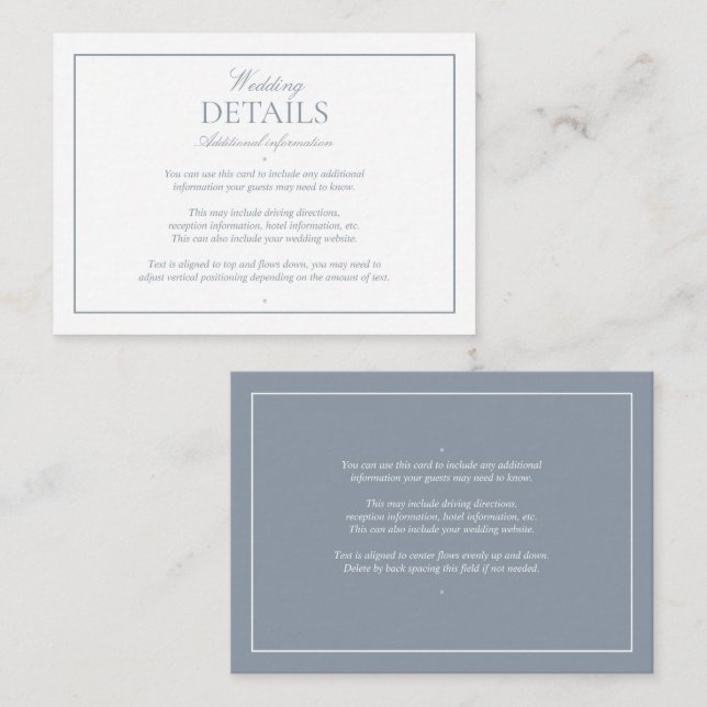 Tarjeta De Recepción Elegante caligrafía Dusty Blue Boda Detalles (Anverso / Reverso)