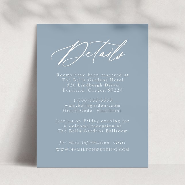 Tarjeta De Recepción Elegante caligrafía Dusty Blue Boda Detalles (Subido por el creador)