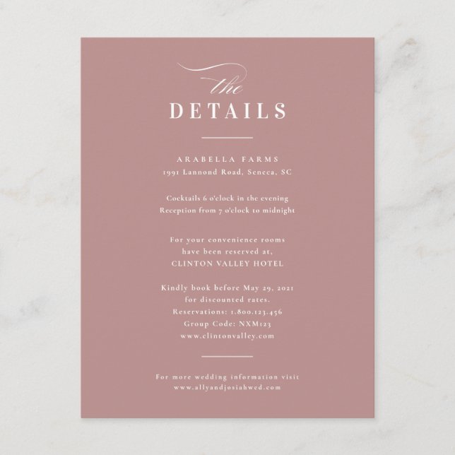 Tarjeta De Recepción Elegante caligrafía Dusyt Boda rosa detalles (Anverso)