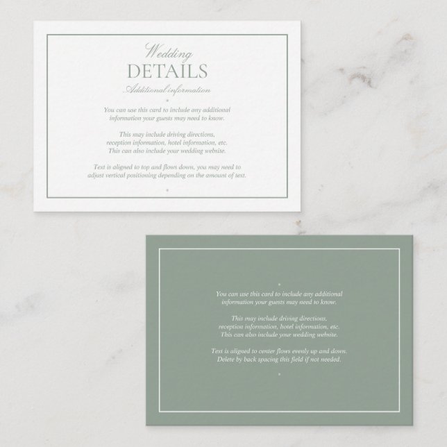 Tarjeta De Recepción Elegante caligrafía Sage Green Bodas Detalles (Anverso / Reverso)