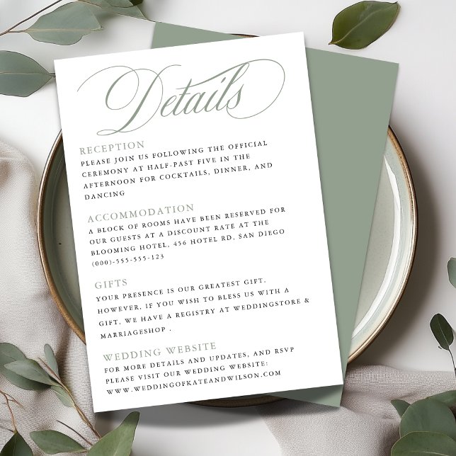 Tarjeta De Recepción Elegante caligrafía Sage Green Bodas Detalles (Subido por el creador)