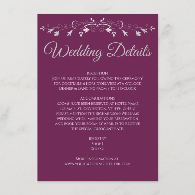Tarjeta De Recepción Elegante Cassis Floreciente y Detalles de Boda Gri (Anverso)