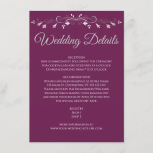 Tarjeta De Recepción Elegante Cassis Floreciente y Detalles de Boda Gri