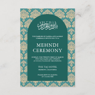 Tarjeta De Recepción Elegante ceremonia Verde azulada de Mehndi islámic