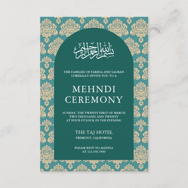 Tarjeta De Recepción Elegante ceremonia Verde azulada de Mehndi islámic (Anverso)