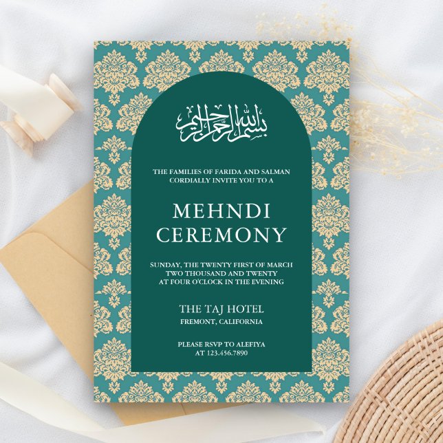 Tarjeta De Recepción Elegante ceremonia Verde azulada de Mehndi islámic (Subido por el creador)