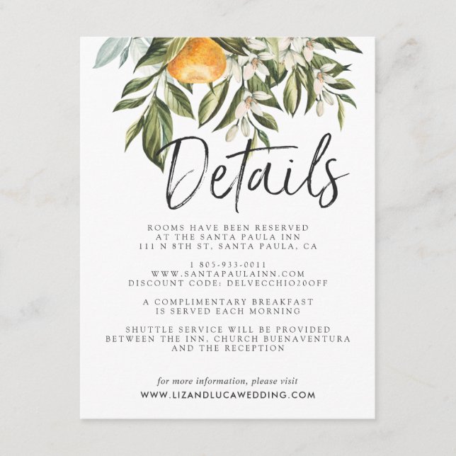 Tarjeta De Recepción Elegante Citrus Orchard Boho Boda Detalles del inv (Anverso)