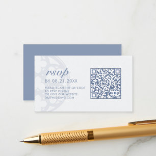 Tarjeta De Recepción Elegante Clásico Azul Eterno Castillo Código QR RS