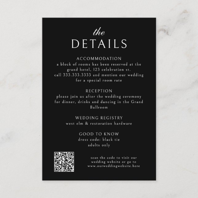 Tarjeta De Recepción Elegante clásico Boda de código QR negro formal (Anverso)
