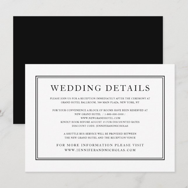 Tarjeta De Recepción Elegante clásico clásico Boda blanco negro (Anverso / Reverso)