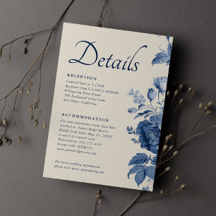Tarjeta De Recepción Elegante Clásico Crema y Azul Francés Floral Boda