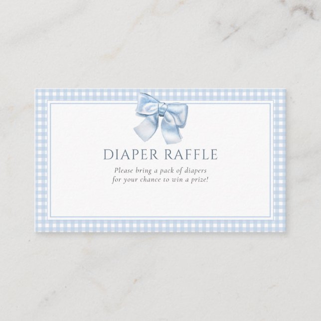 Tarjeta De Recepción Elegante Clásico Gingham Blue Bow Diaper Raffle (Anverso)