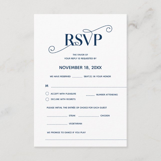 Tarjeta De Recepción Elegante Clásico, RSVP, Azul marino, Responder (Anverso)