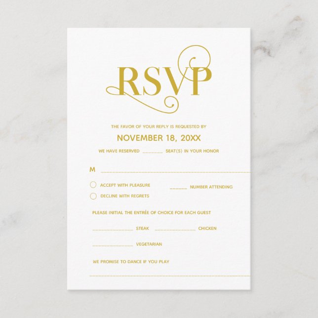 Tarjeta De Recepción Elegante Clásico, RSVP, Fuente de oro, Responder (Anverso)