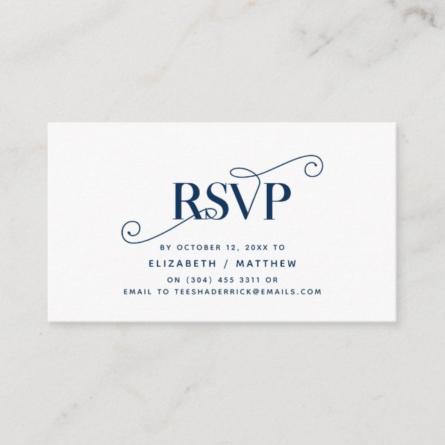 Tarjeta De Recepción Elegante Classic, Navy Blue Script, RSVP responder (Anverso)