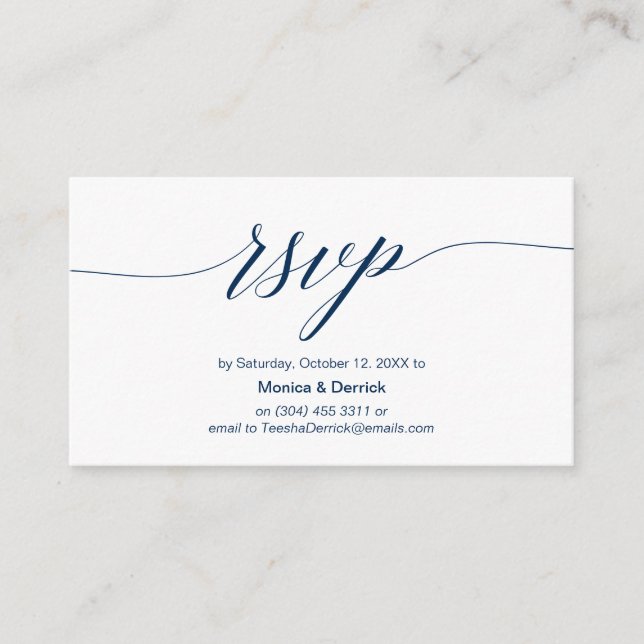 Tarjeta De Recepción Elegante Classic, Navy Blue Script, RSVP responder (Anverso)