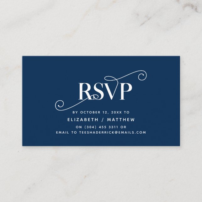 Tarjeta De Recepción Elegante Classic, Navy Blue Script, RSVP responder (Anverso)