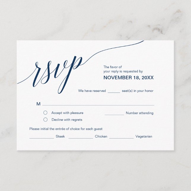 Tarjeta De Recepción Elegante Classic RSVP, fuente azul marino, Respond (Anverso)