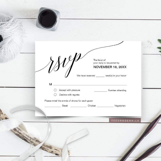 Tarjeta De Recepción Elegante Classic RSVP, Fuente negra, Responder (Elegant Classy Wedding Dinner or Brunch Invitation RSVP, Respond Enclosure Card in Black and White)