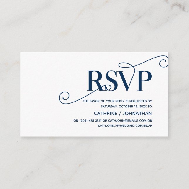 Tarjeta De Recepción Elegante Classy, Navy Blue Script, RSVP responden (Anverso)