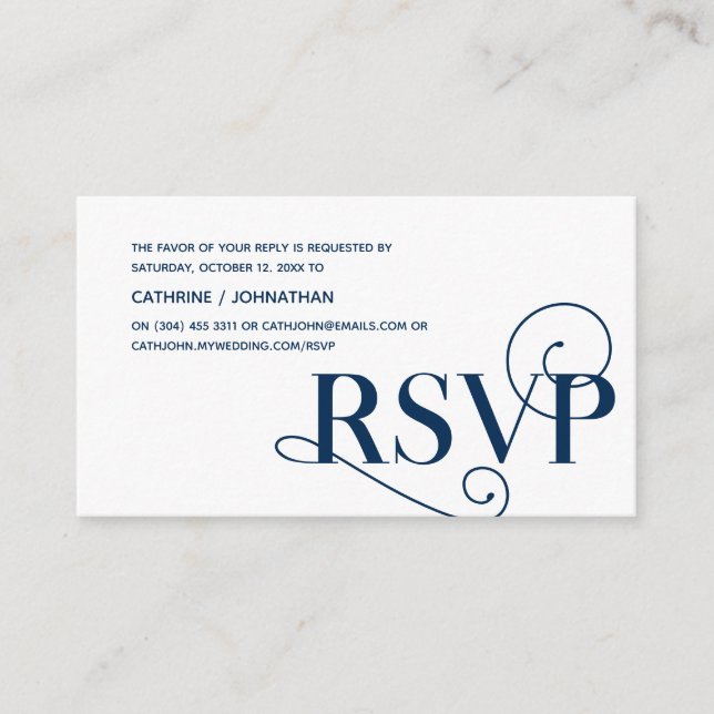 Tarjeta De Recepción Elegante Classy, Navy Blue Script, RSVP responden (Anverso)