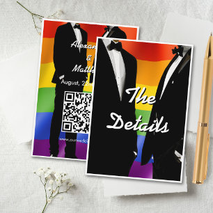 Tarjeta De Recepción Elegante Código QR Arcoíris de Boda de Hombres Gay