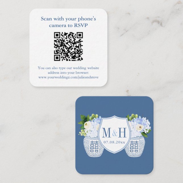 Tarjeta De Recepción Elegante código QR Boda blanca azul RSVP (Anverso / Reverso)