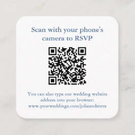 Tarjeta De Recepción Elegante código QR Boda blanca azul RSVP