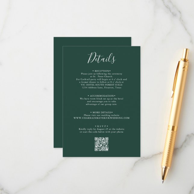 Tarjeta De Recepción Elegante código QR Boda de escritura verde esmeral (Anverso/Reverso In Situ)