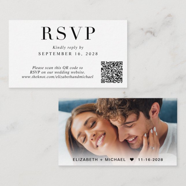 Tarjeta De Recepción Elegante código QR Boda fotográfica RSVP (Anverso / Reverso)