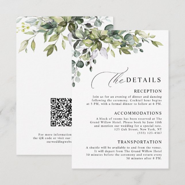 Tarjeta De Recepción Elegante Código QR Botánico de Eucalipto para Boda (Anverso / Reverso)