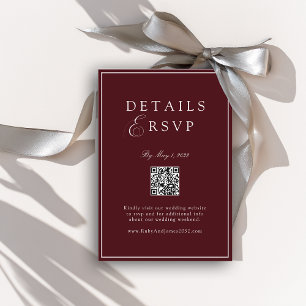 Tarjeta De Recepción Elegante Código QR Burgundy Real RSVP Boda 
