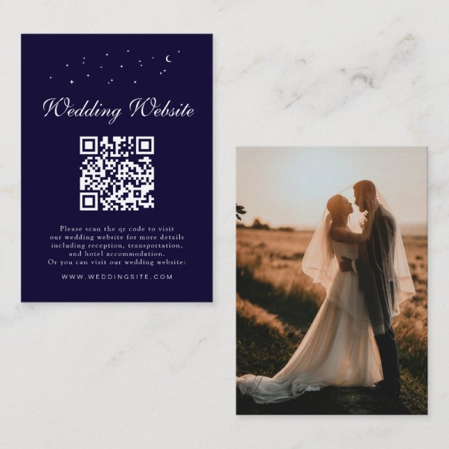 Tarjeta De Recepción Elegante Código QR Celestial Detalles del Boda Azu (Anverso / Reverso)
