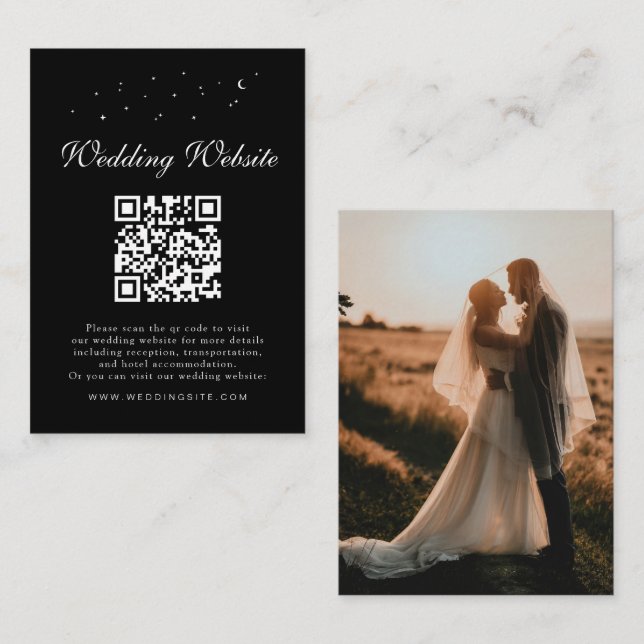 Tarjeta De Recepción Elegante Código QR Celestial Detalles del Boda neg (Anverso / Reverso)