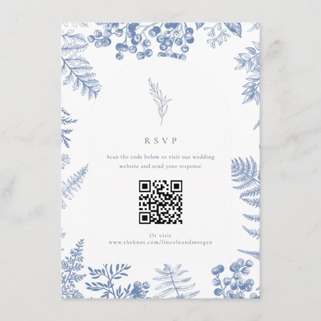 Tarjeta De Recepción Elegante Código QR de Boda Floral Azul Francés (Anverso)