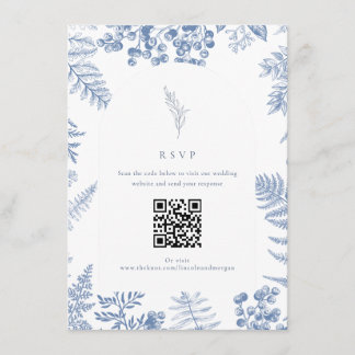 Tarjeta De Recepción Elegante Código QR de Boda Floral Azul Francés