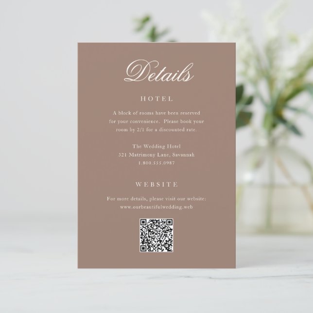 Tarjeta De Recepción Elegante Código QR de Boda Romántica Marrón (Anverso de pie)