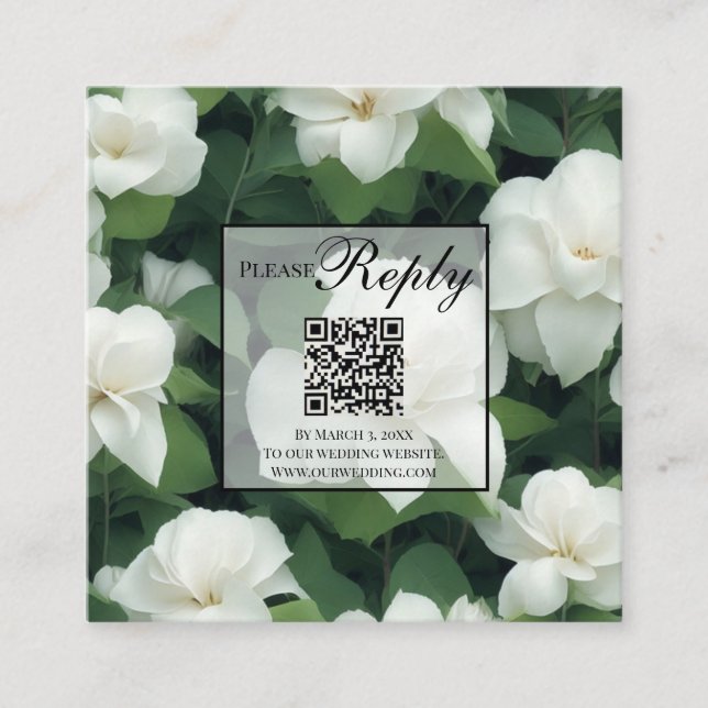 Tarjeta De Recepción Elegante código QR de flores blancas verdes clásic (Anverso)