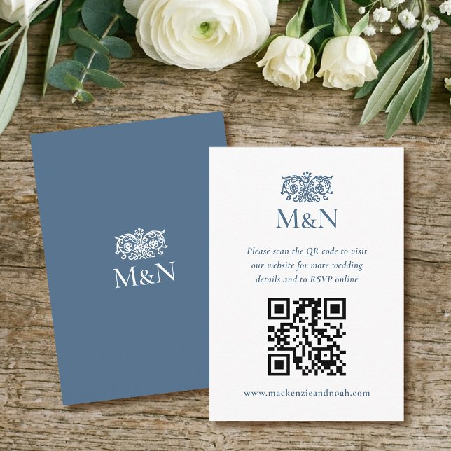 Tarjeta De Recepción Elegante Código QR de Monograma de Boda RSVP Azul  (Subido por el creador)